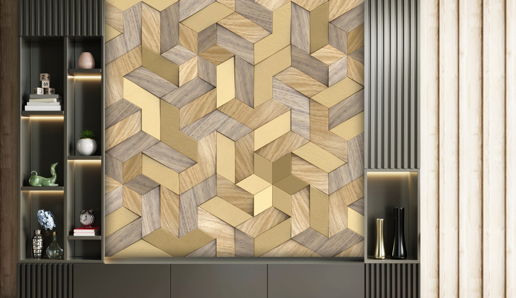 3d wallpaper mosaic solid wood particles luxury golden metalic elements