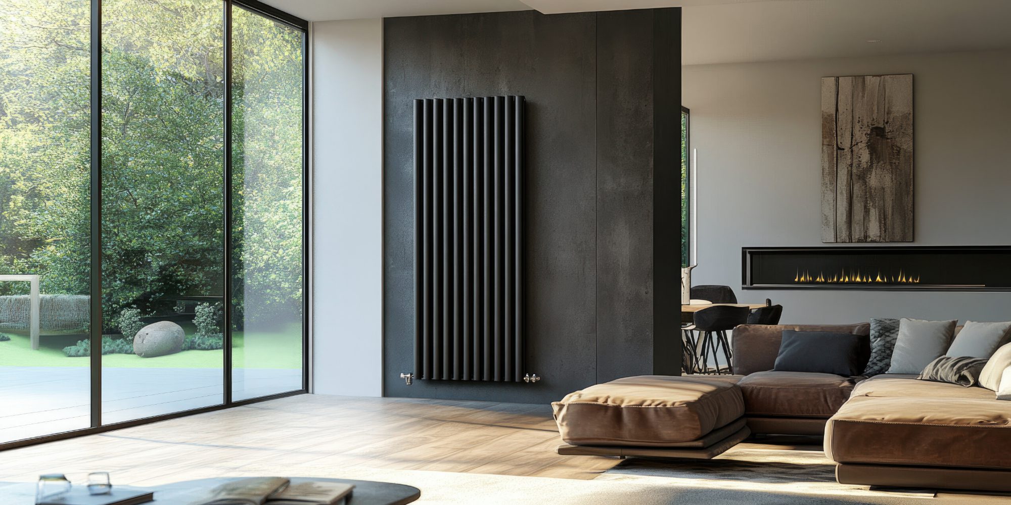 contemporary living room with large windows black vertical radiator comfortable brown sectional sofa offering view lush garden outsidexa